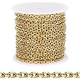 [33 FT] 18K Gold PVD Plated Rolo Cable Chains Bulk for Jewelry Making, 3mm 304 Stainless Steel Diamond-Cut Oval Cable Links Chains Roll Spool for DIY Craft Jewelry Making