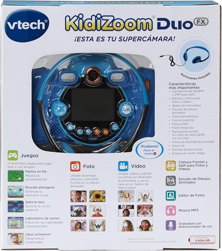 Vtech - kidizoom duo fx azul, câmera fotográfica infantil, selfies, vídeo, tela colorida, estúdio de quadrinhos, filtros e efeitos divertidos, presente para crianças de 4 a 12 anos, conteúdo em espanhol