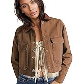 HangNiFang Cropped Barn Jacket for Women 2025 Contrast Collar Outwear Long Sleeve Cotton Short Cargo Jacket with Pockets