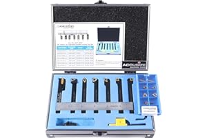 Accusize Industrial Tools 7 Pieces/Set 3/8'' Indexable Carbide Turning Tool Set with 10 Extra Carbide Inserts in Fitted Box, 2387-2003plus