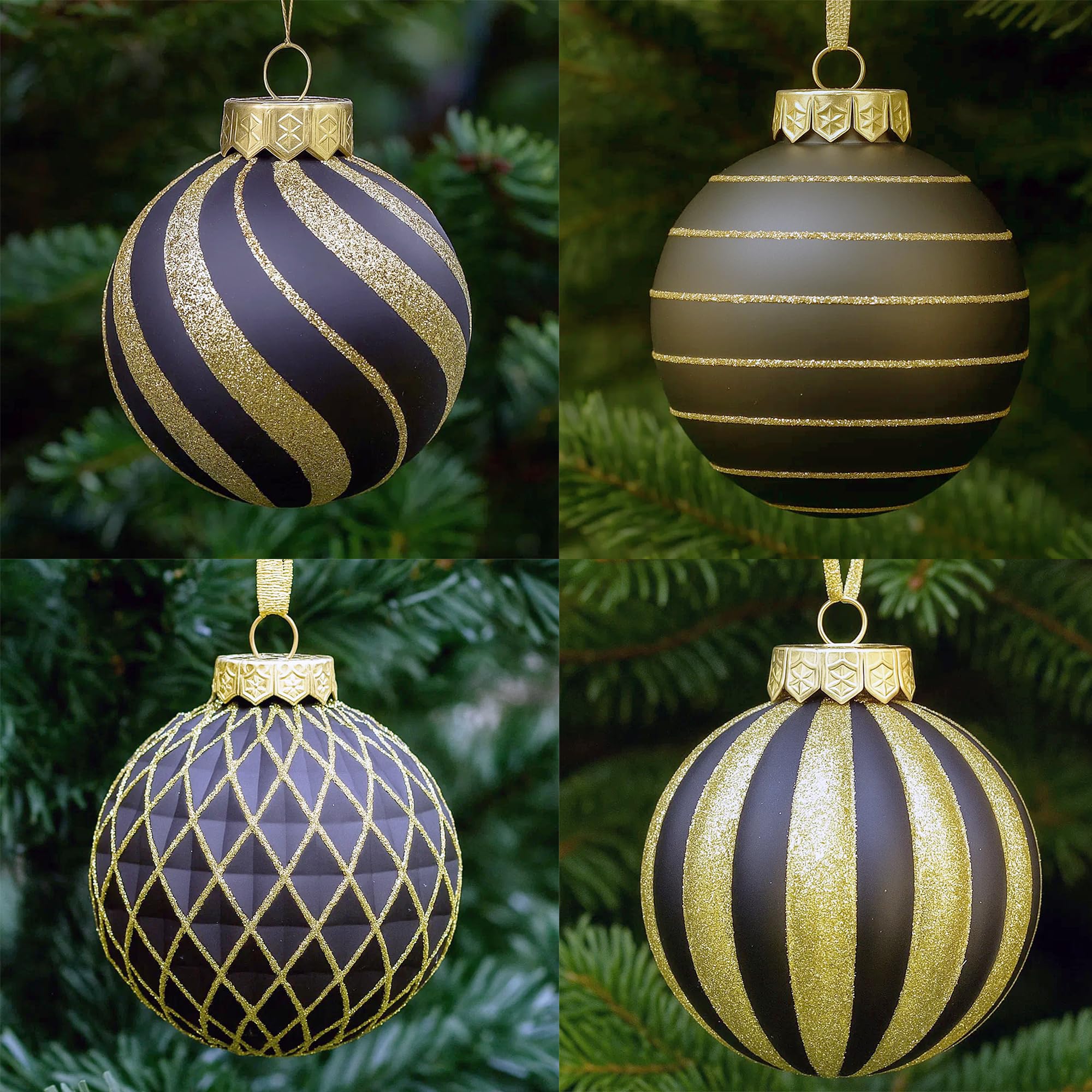 SLEETLY 28pk Black Gold Christmas Baubles for Tree Decorations - Holiday Xmas Shatterproof Plastic Ball Ornaments, Icicles and Snowflakes Set