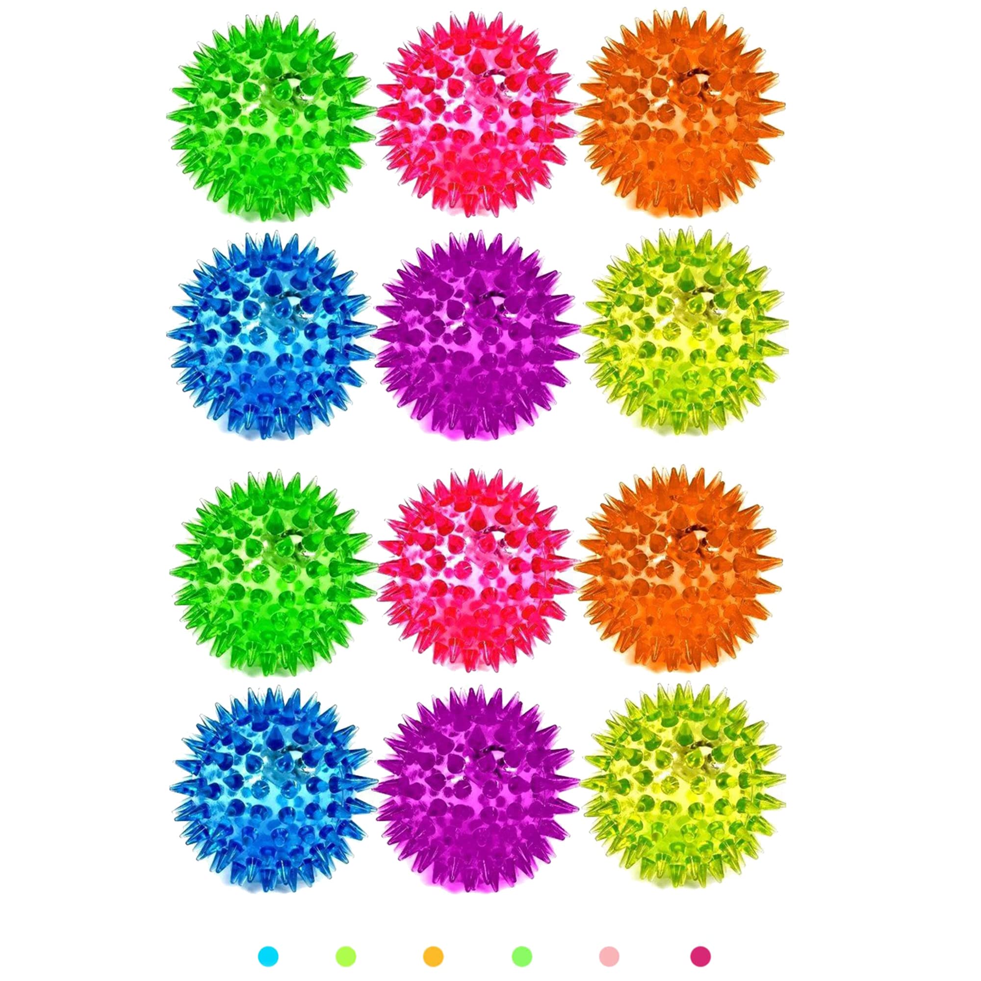 12 Spiky 6.5cm LED Flashing Bouncy Disco Balls with Light, Squishy Stress Relief Fidget Squeezy Spikey Ball Toy for OCD ADHD ADD & Autism High Anxiety Levels, Pet Toy or Baby Sensory Class (12_Pack)