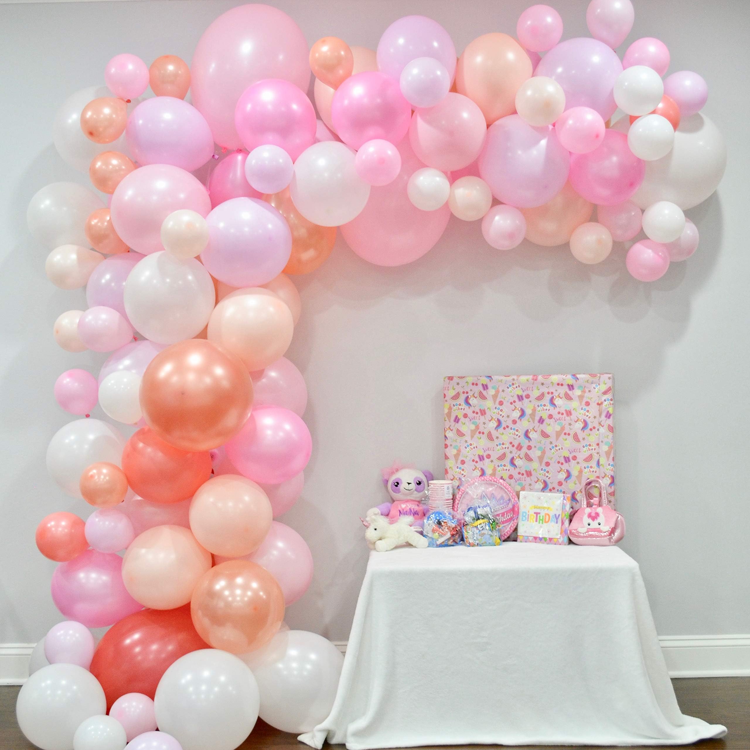 Balloon Arch & Garland Kit by Serene Selection Pink & Rose Gold for Wedding, Bridal Shower, Birthdays, Baby Showers, 100 Balloons, 16 ft Balloon Strips, Tying Tool, Pump, 100 Balloon Dot Glue