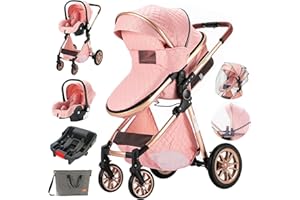 Magic ZC 3 in 1 Baby Travel System Infant Baby Stroller Pushchair High Landscape Reversible Foldable Portable Standard Stroller Newborn Pram Buggy Reclining Baby Carriage (with Base 225 Pink-2)