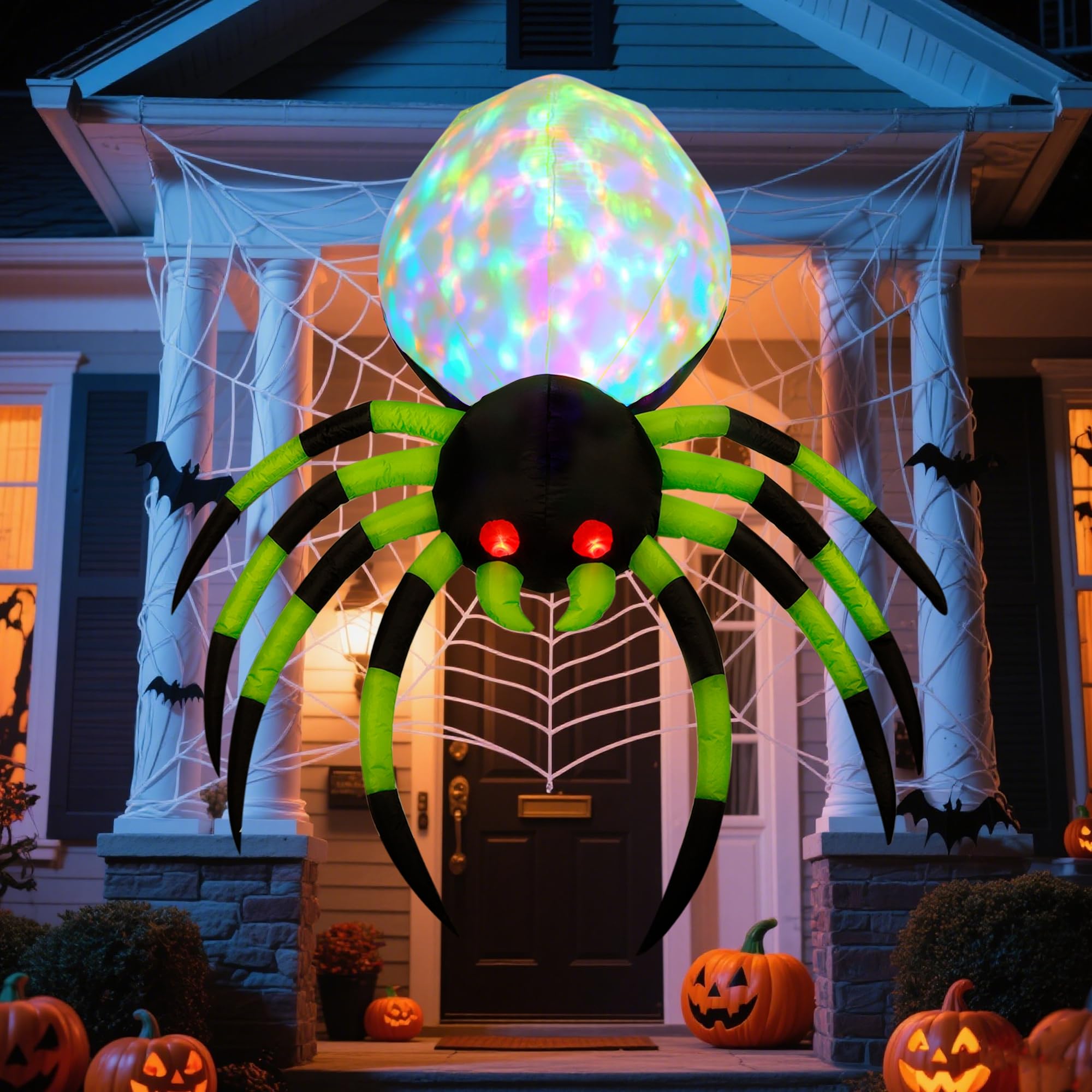 Photo 1 of Prsildan Halloween Inflatable Spider, 6 Ft Blow up Decoration with Colorful LED Lights and Red Glowing Eyes for Outdoor Indoor Garden Lawn Yard (Green)