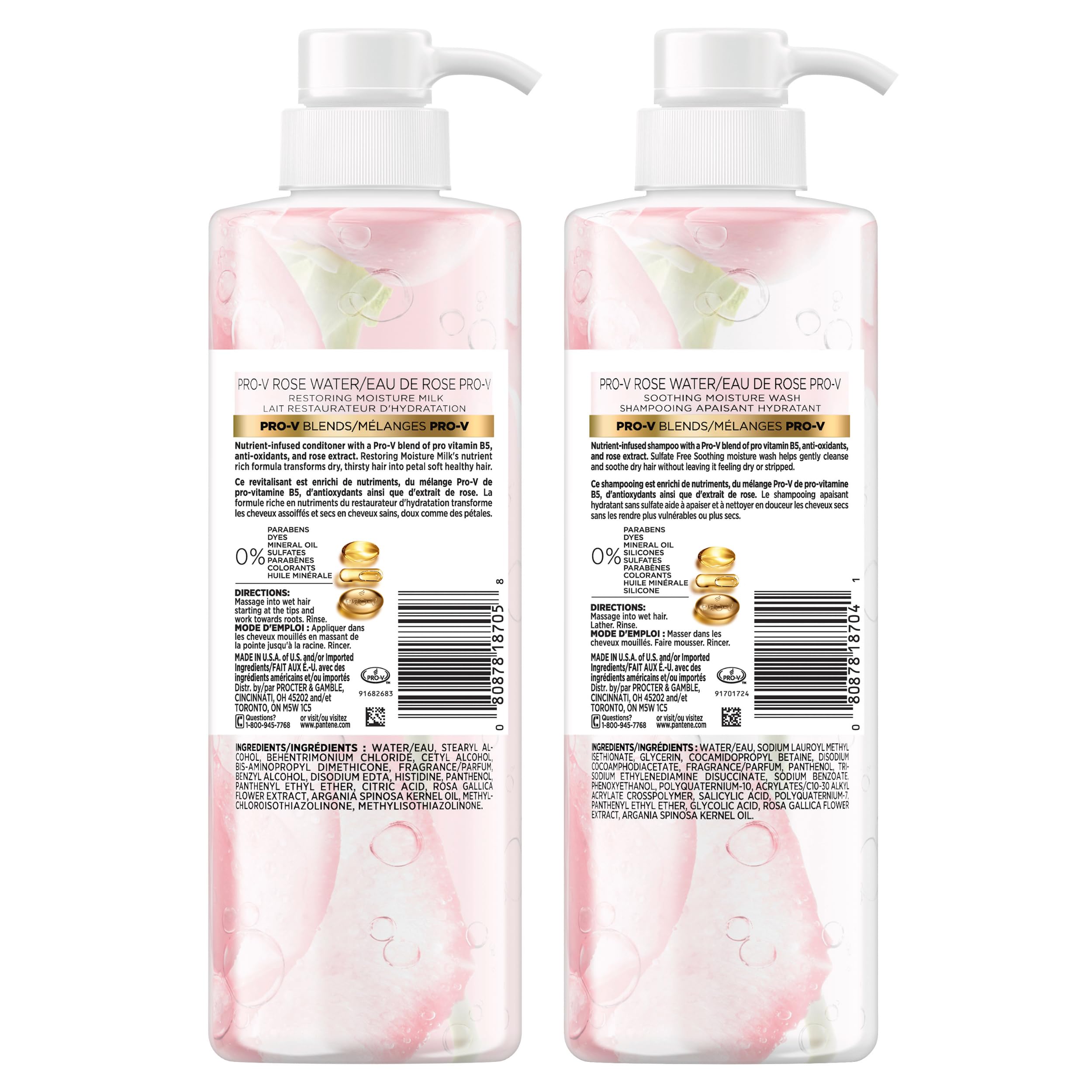 Pantene Sulfate Free Shampoo and Conditioner Set, Rose Water, Soothing and Moisturizing, Infused with Vitamin B5, for all Hair Types, Safe for Color Treated Hair, Pro-V Blend, 17.9 Fl Oz Each, 2 Pack