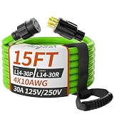 PlugSaf 15FT 30 Amp Generator Extension Cord 4 Prong, NEMA L14-30P/L14-30R 10 Gauge STW 125/250V Twist Lock Generator Cord Heavy Duty, Green ETL Listed