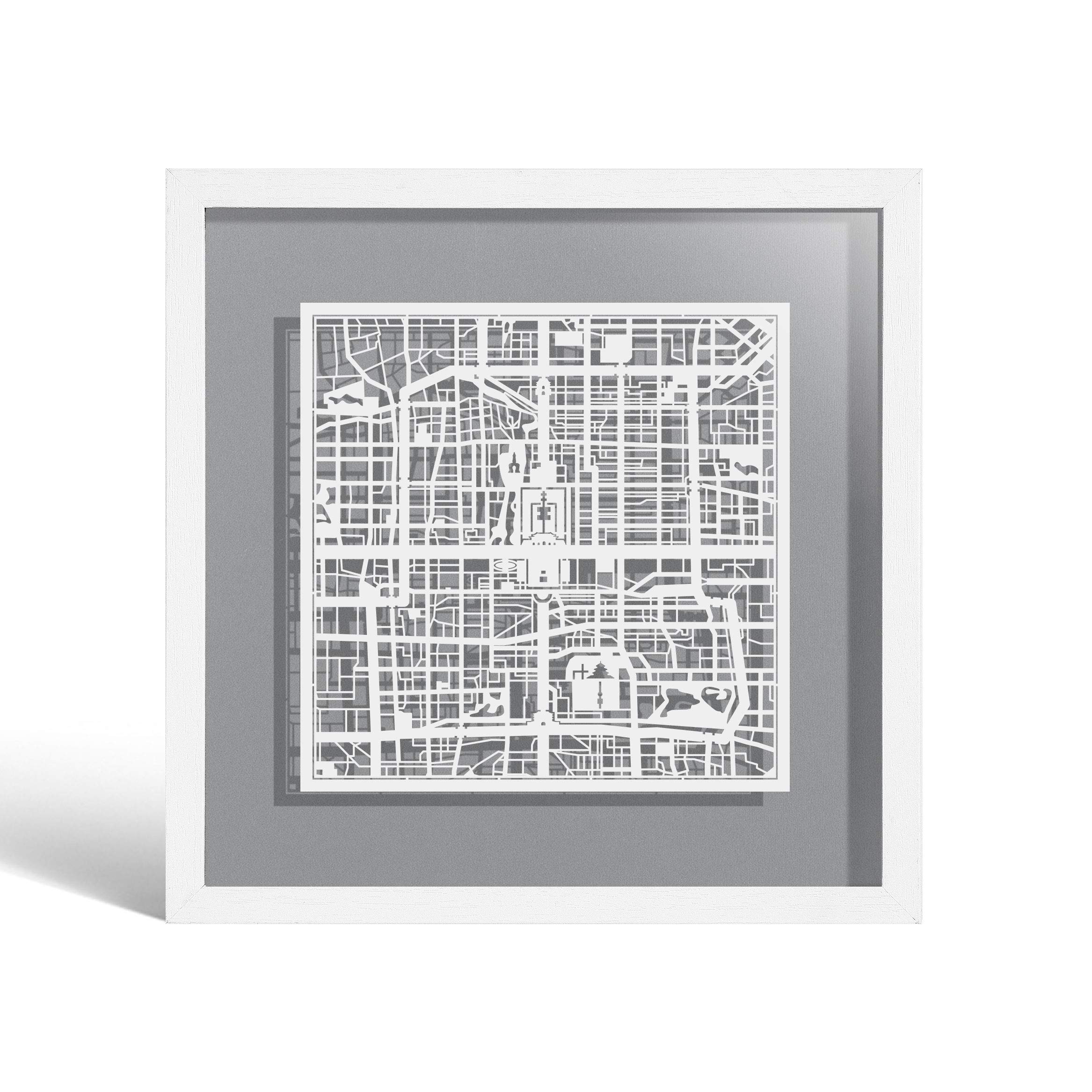 O3 DESIGN STUDIO Beijing Paper Cut Map framed, White map, White frame, 9x9 inches, Gift Boxed, 4 background color, self-changing, Paper Art