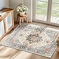 RELEANY Area Rugs 2'x3' Washable Non-Slip, Floral Vintage Distress Print Pattern Medallion Carpet for Living Room Bedroom Dining Room, Beige Navy Blue Orange Colorful
