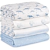CIVARUA KIDS Muslin Swaddle Blankets for Newborn, 4 Pack Cotton Baby Blankets for Boys, Large 31.5 x 43.3 Breathable Soft Receiving Blanket, Essentials Swaddle Wrap Burping Clothes, Blue Whale