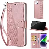 KENHONER Designed for iPhone 14 Plus Case Wallet,Women Flip Folio Cover with Embossed PU Leather Stand Credit Card Holders Slots Wrist Strap Phone Case for iPhone 14 Plus 6.7 Inch (Rose Gold)