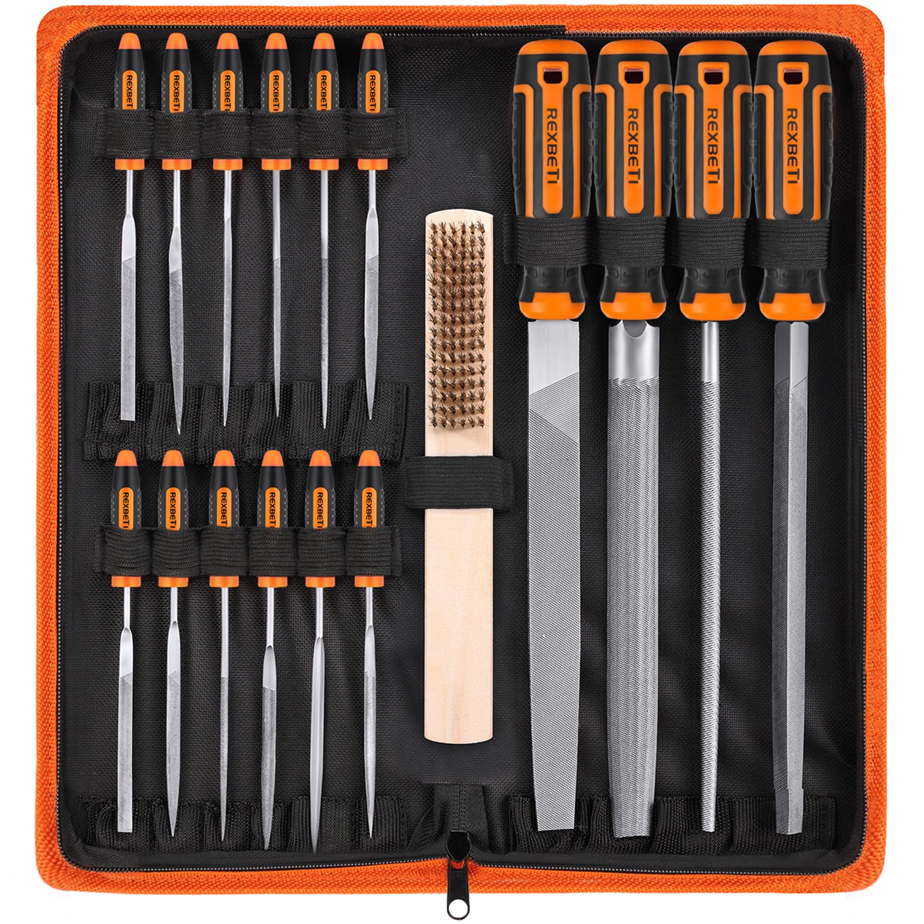 REXBETI 25Pcs Metal File Set, Premium Grade T12 Drop Forged Alloy Steel, Flat/Triangle/Half-round/Round Large File and 12pcs Needle Files with Carry Case, 6pcs Sandpaper, a brush,a pair working gloves
