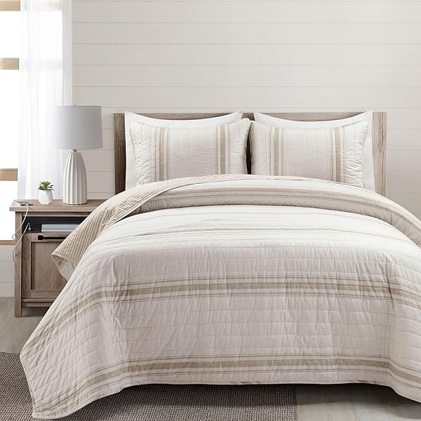 LUSH DECOR FARMHOUSE STRIPE REVERSIBLE COTTON QUILT QUEEN SIZE 3 PIECE SET FULL/QUEEN NEUTRAL – FARMHOUSE BEDDING SET QUEEN QUILT – STRIPED BEDDING