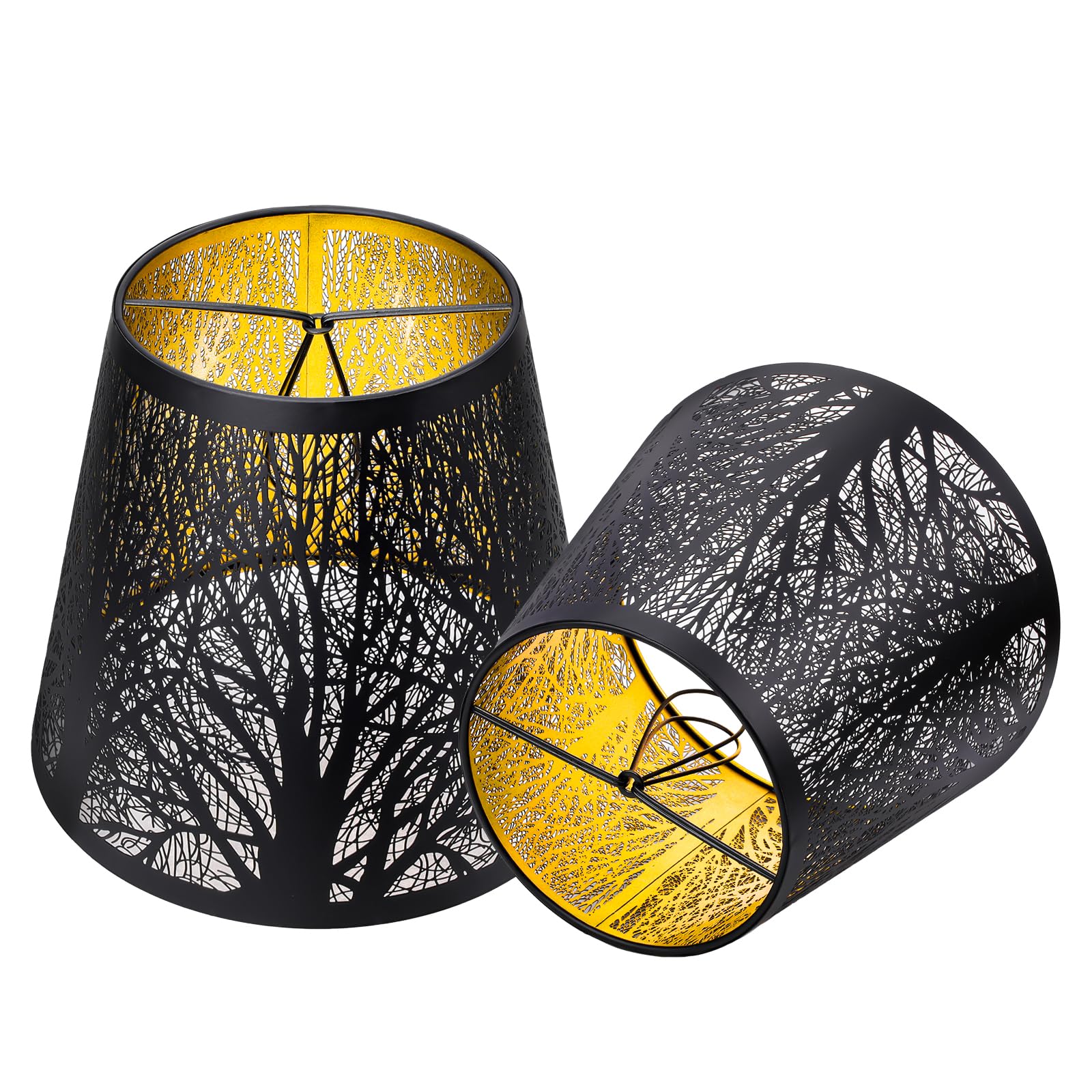 Double Small Lamp Shade Clip On Bulb Set of 2 for Candelabra Bulbs, Alucset Barrel Metal Lampshade with Pattern of Trees for Table Chandelier Wall Lamp 5 x 8 x 7 Inch 2 PCS Pack (Black/Gold)