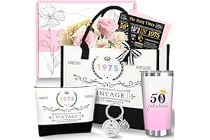 Unipinkart 50th 1975 Birthday Gifts for Women, 50 Year Old Birthday Fabulous Gifts for Women, Cool 50th Gift Canvas Tote Bag Set for Woman, Turning 50th Cup Gift Basket for Her Mom Sister Wife