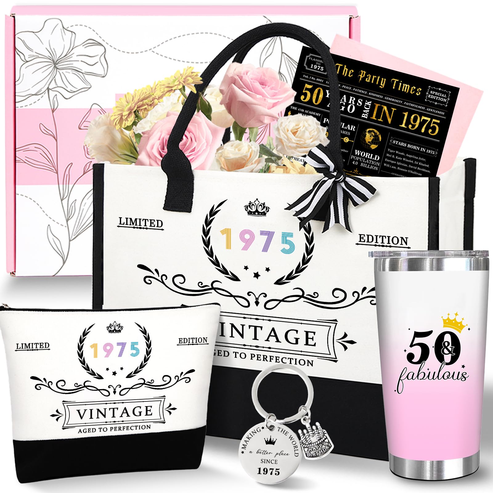 Photo 1 of Unipinkart 50th 1975 Birthday Gifts for Women, 50 Year Old Birthday Fabulous Gifts for Women, Cool 50th Gift Canvas Tote Bag Set for Woman, Turning 50th Cup Gift Basket for Her Mom Sister Wife