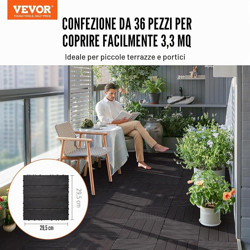 Piastrelle per Patio ad Incastro 36 Pezzi 300 x 300 x 20 mm, Piastrelle Impermeabile in Plastica, Piastrelle per Tutte Le Condizioni Atmosferiche, per Portico Piscina Cortile, Marrone Scuro