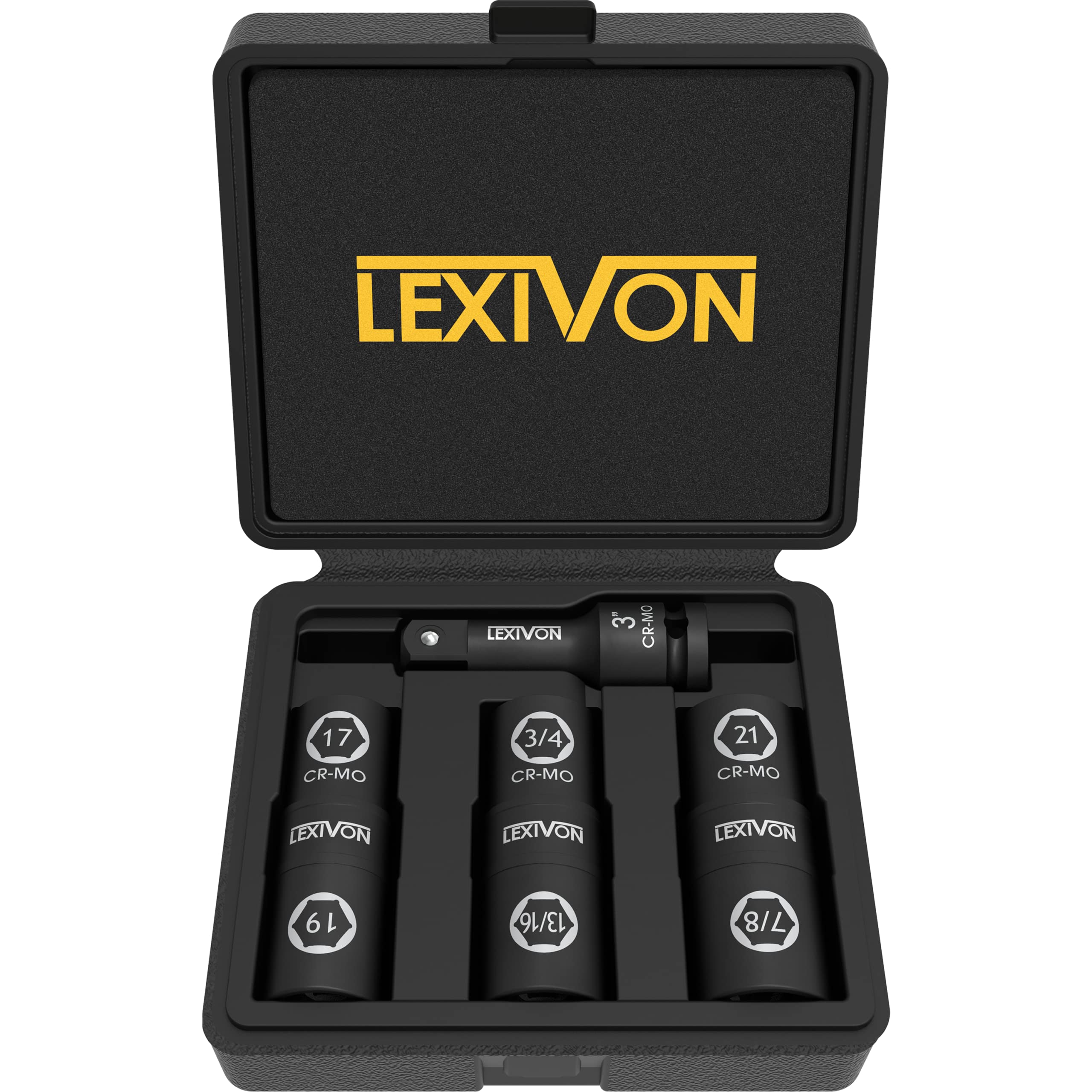 LEXIVON Impact Socket Set 1/2 Inch Drive – Deep Wheel Nut Socket Set for Car & Truck Tyres, Heavy Duty 6-Point CR-MO Steel with Extension Bar & Case, 6 in 3 Piece Metric & SAE (LX-111)