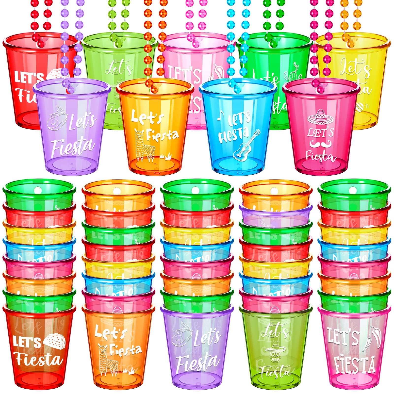 Photo 1 of 27 Pcs Let's Fiesta Shot Glass Necklaces Cinco De Mayo Shot Glass on Beaded Necklace Fun Plastic Shot Glasses Mexican Shot Cups Necklaces for Fiesta Party Favors Bachelorette Party Supplies, 9 Colors