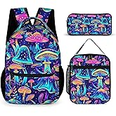 ZCJB-WSRY Mushroom Backpack with Lunch Box & Pencil Case, 16 Inch Cool Mushroom Themed Bookbag, Adjustable Lightweight Large Capacity, Colorful Backpack Set for Kids Girls Boys School