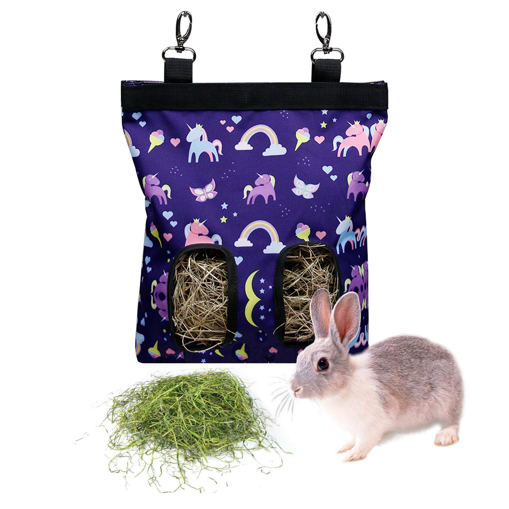 Rabbit Hay Feeder Bag Guinea Pigs Hanging Hay Rack Manger Holder Dispenser Small Animal Feeder Storage Pouch for Bunny Chinchilla Hamster (2 Windows, Pattern Purple)