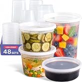 GUSTO Plastic Food Storage Deli Containers with Lids [48 Sets] 8, 16, 32 oz | Microwave, Dishwasher &amp; Freezer Safe, Disposable or Reusable, BPA Free, Leak-Proof, Soups, Takeout, Meal Prep &amp; Leftovers