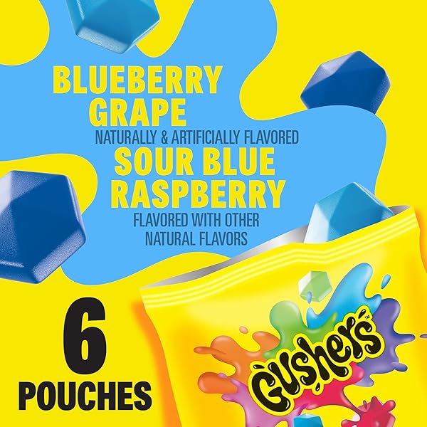 GUSHERS FRUIT FLAVORED SNACKS, BLUEBERRY GRAPE, SOUR BLUE RASPBERRY, 6 POUCHES, 4.8 OZ