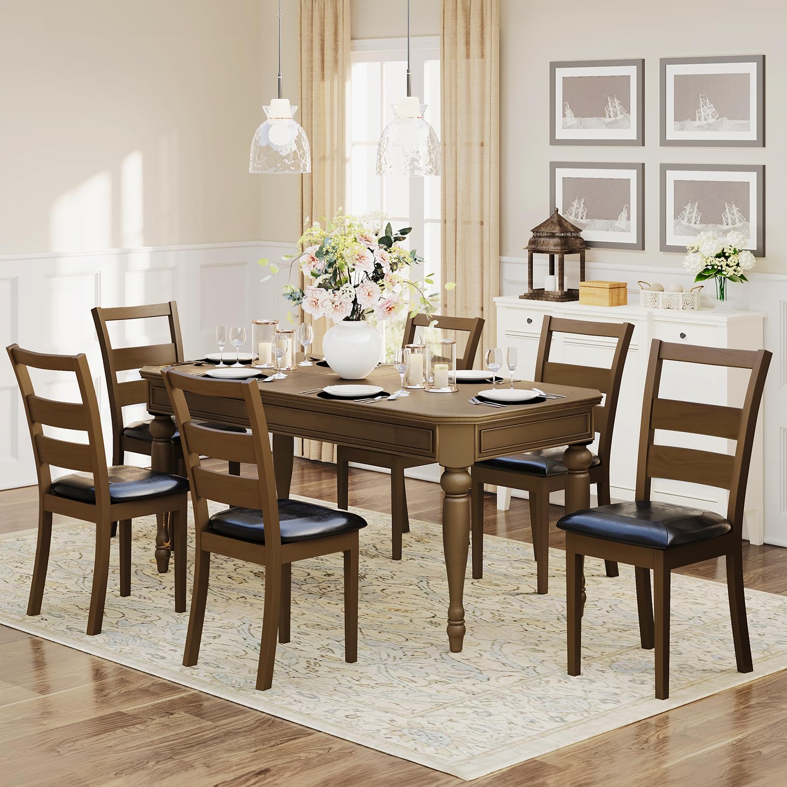 Photo 1 of *** TWO CHAIRS ONLY, LIGHT BROWN, PICTURE FOR REFERENCE ***COLAMY Farmhouse Dining Chairs Set of 6, Upholstered Kitchen Chairs with Ladder Back, Modern Wood Side Dining Room Chairs with Wooden Legs for Dinner Rustic Restaurant, Darkbrown
