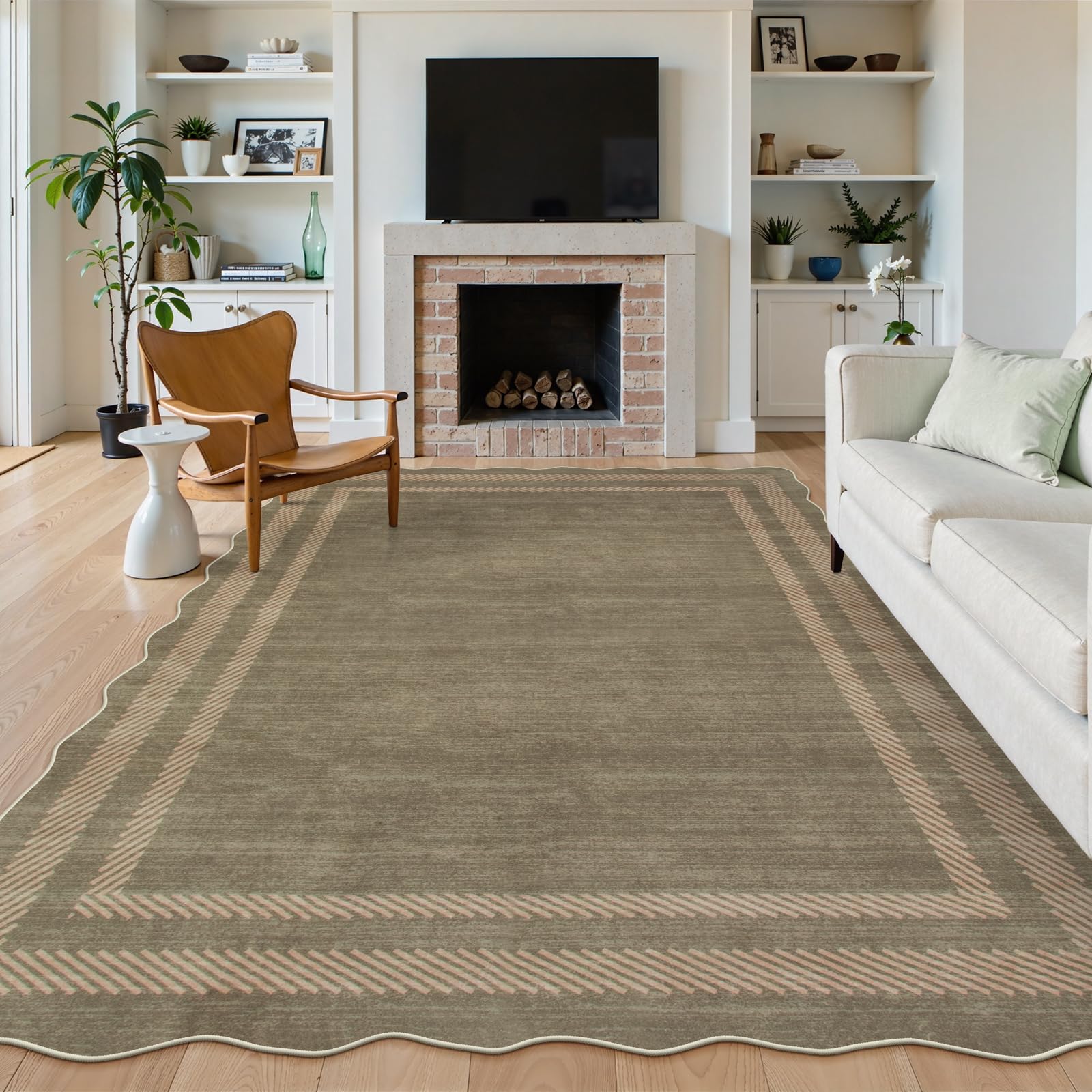 Photo 1 of Lahome Scalloped Washable Area Rugs 5x7, Soft 5x7 Rugs for Living Room Bedroom, Green Non Slip Low Pile Stain Resistance Large Throw Carpet for Nursery Dining Room Office, Olive/Grey