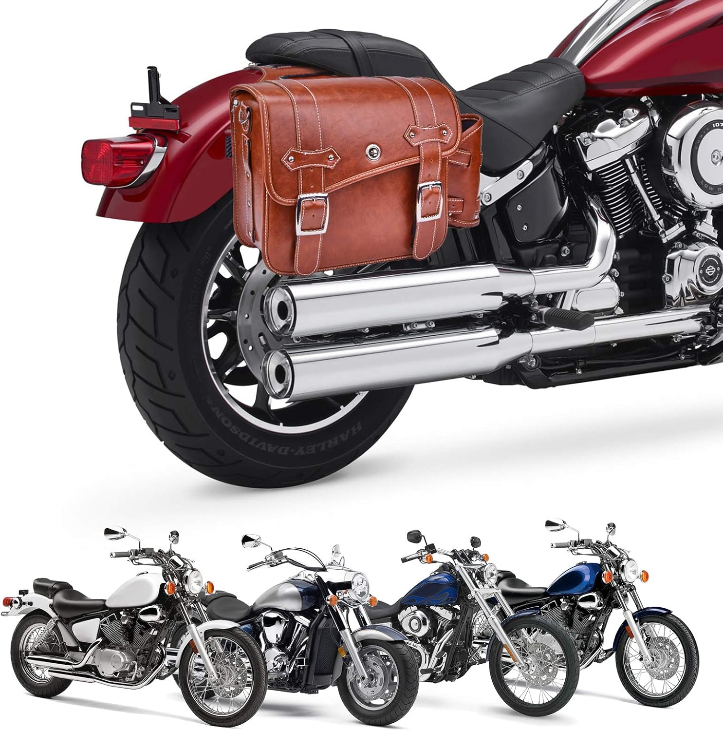 Leather Motorcycles Bag Throw Over Saddle Bag with Cup Pocket for Sportster Softail Dyna Road King V-star Shadow, Vulcan, Brown PU Material: Automotive