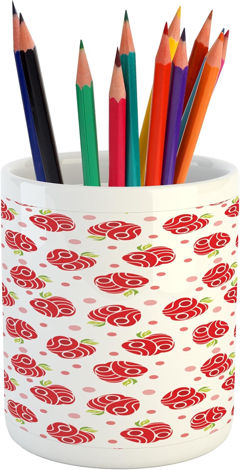 Ambesonne Apple Pencil Pen Holder, Geometric Shapes Patterned Apples Curves and Circles on Dotted Background, Printed Ceramic Pencil Pen Holder for Desk Office Accessory, Blush Red Apple Green
