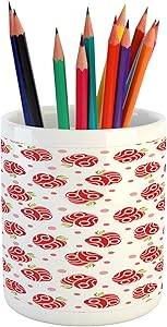 Ambesonne Apple Pencil Pen Holder, Geometric Shapes Patterned Apples Curves and Circles on Dotted Background, Printed Ceramic Pencil Pen Holder for Desk Office Accessory, Blush Red Apple Green
