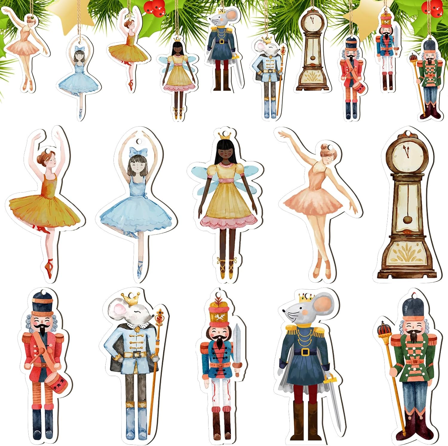 Nutcrackers - Geetery 50 Pcs Christmas Nutcracker Ornaments Set Wooden Walnut Hanging Decorations Nutcracker Kitchen Christmas Soldiers Princess King Xmas Tree Figures Crafts for Gifts Party Decoration Supplies