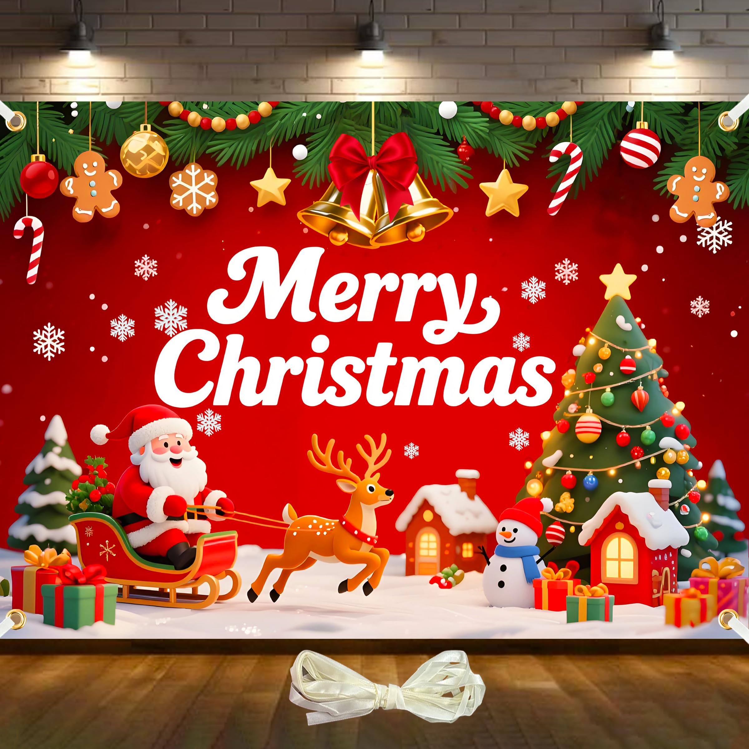Photo 1 of 7x5ft Merry Christmas Backdrop Christmas Party Decoration Banner Xmas Backdrops for Wall Snowy Winter Santa Claus Elk Gifts Banner New Year Eve Family Party Supplies with 19.68ft Ribbon