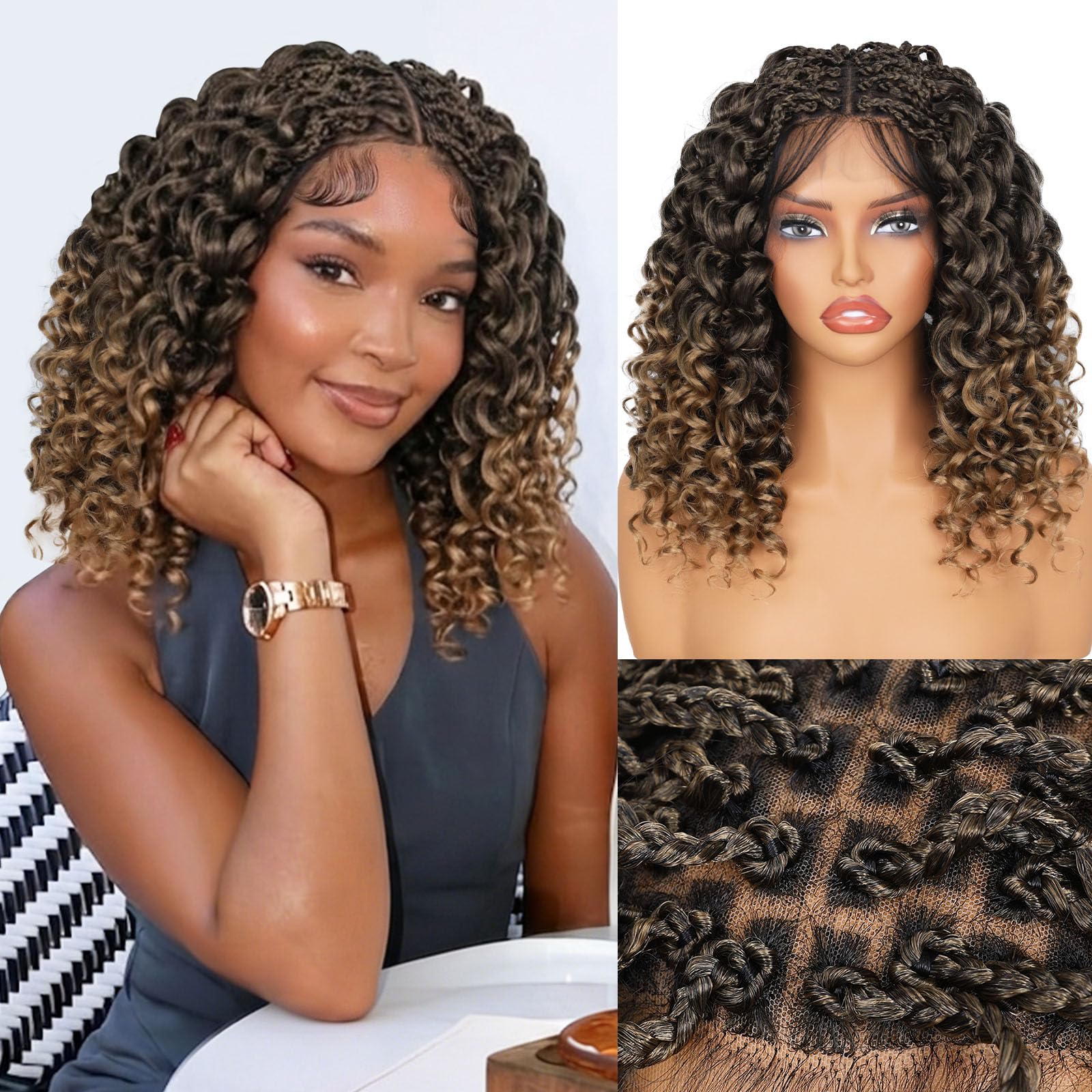 Photo 1 of Lady Miranda Double Full Lace Curl Braided Wigs for Black Women Synthetic Lace Front Wigs Natural Knotless Curly Braided Wig with Baby Hair Synthetic False Hair(1B/27, 12 Inch)