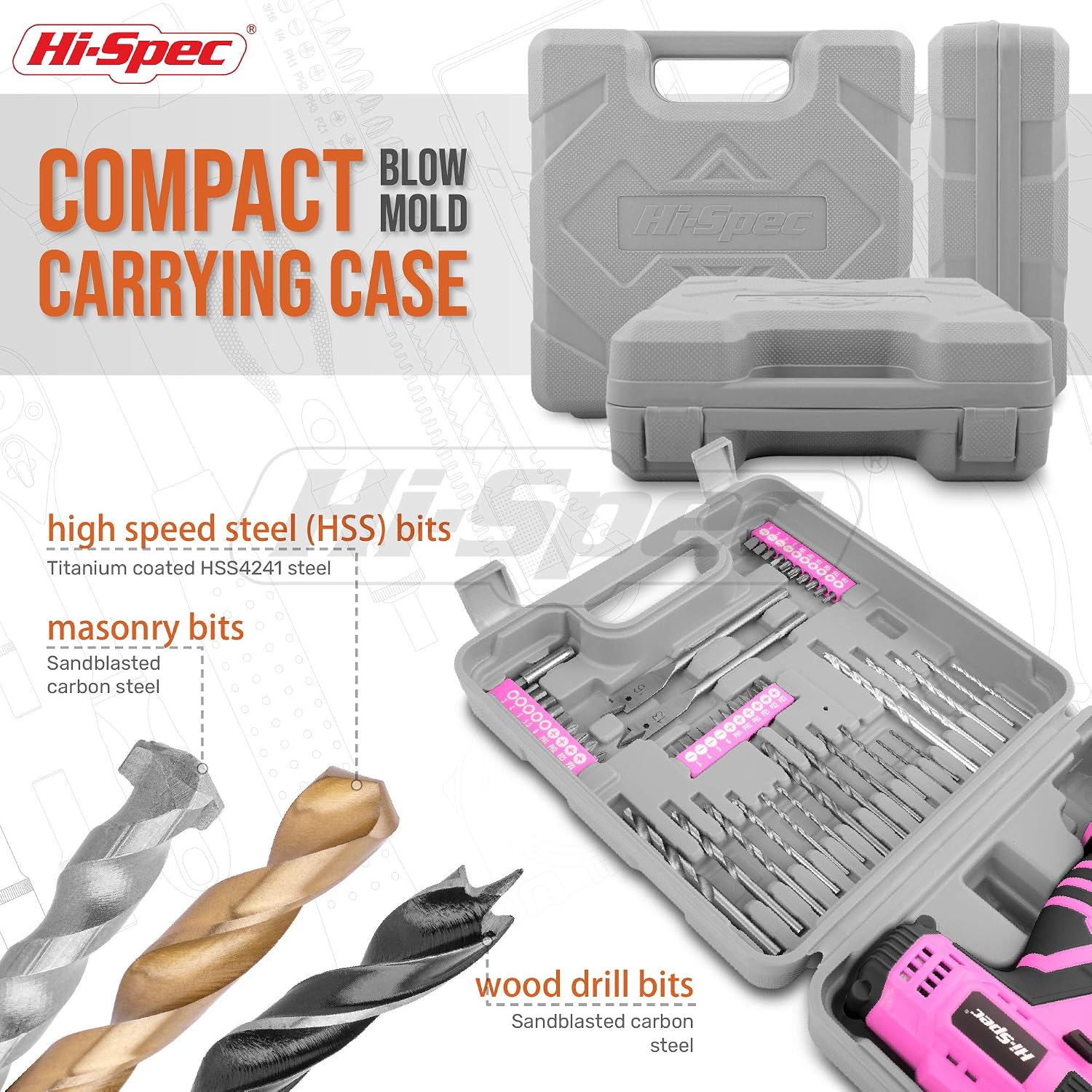 Hi-Spec Electric Drill Driver 12V with Screwdriver and Drill Bit Set Pink 50 Pc. Cordless Drill in a Carry Case with Rechargeable Battery - Image 5