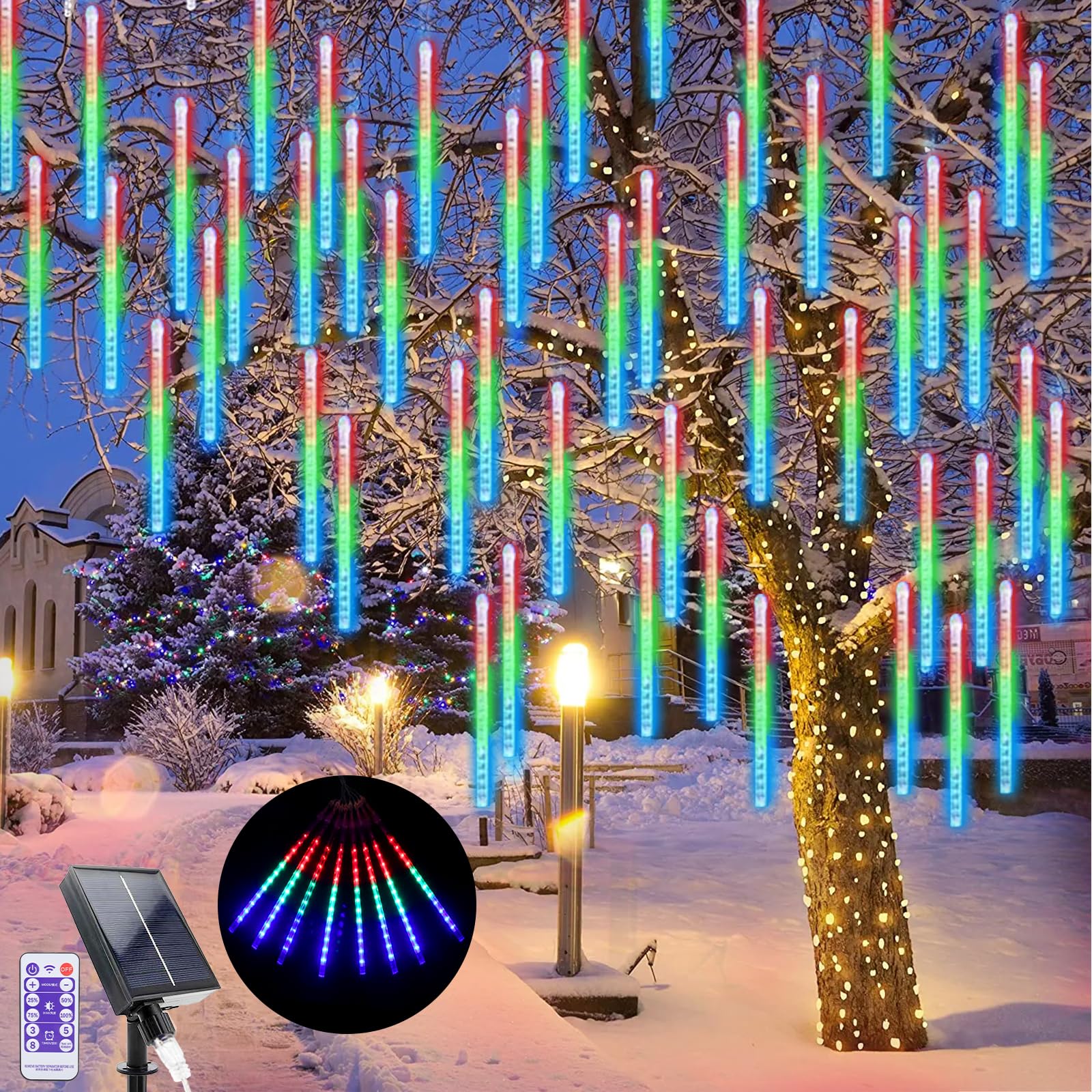 GHONLZIN LED Solar Falling Christmas Lights, 240 LEDs Meteor Shower Rain Lighting, 10 Tubes 30cm Waterproof Christmas Lights for Xmas Tree Wedding Decoration (Colorful)