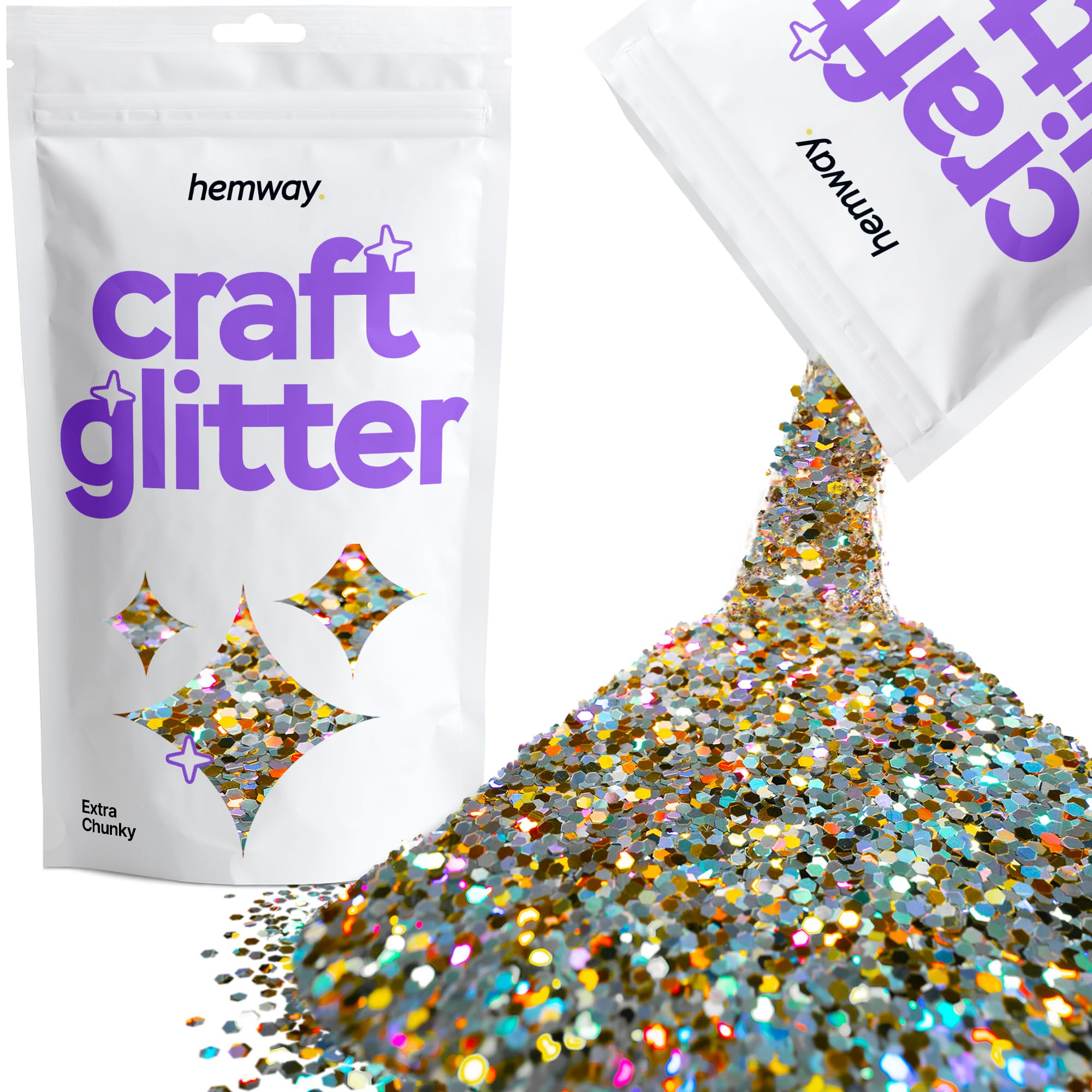Hemway Craft Glitter Gold Silver Holographic 100g Extra Chunky Glitter for Crafts, Resin, Cosmetic, Nail, Face, Body, Festival, Tumblers, Art, Candle, Crafting