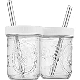 Capsule Classic Reusable Wide Mouth Smoothie Boba Tea Cups Bubble Tea Cups with Lids and Silver Straws Mason Jars Glass Cups (2-pack, 16 oz mason jars)