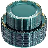 LIYH 100 Pcs Clear Green Plastic Plates - Disposable Heavyduty Elegant Clear Gold Green Party Plates Include 50 Dinner Plate & 50 Dessert Plate Suitable for Wedding