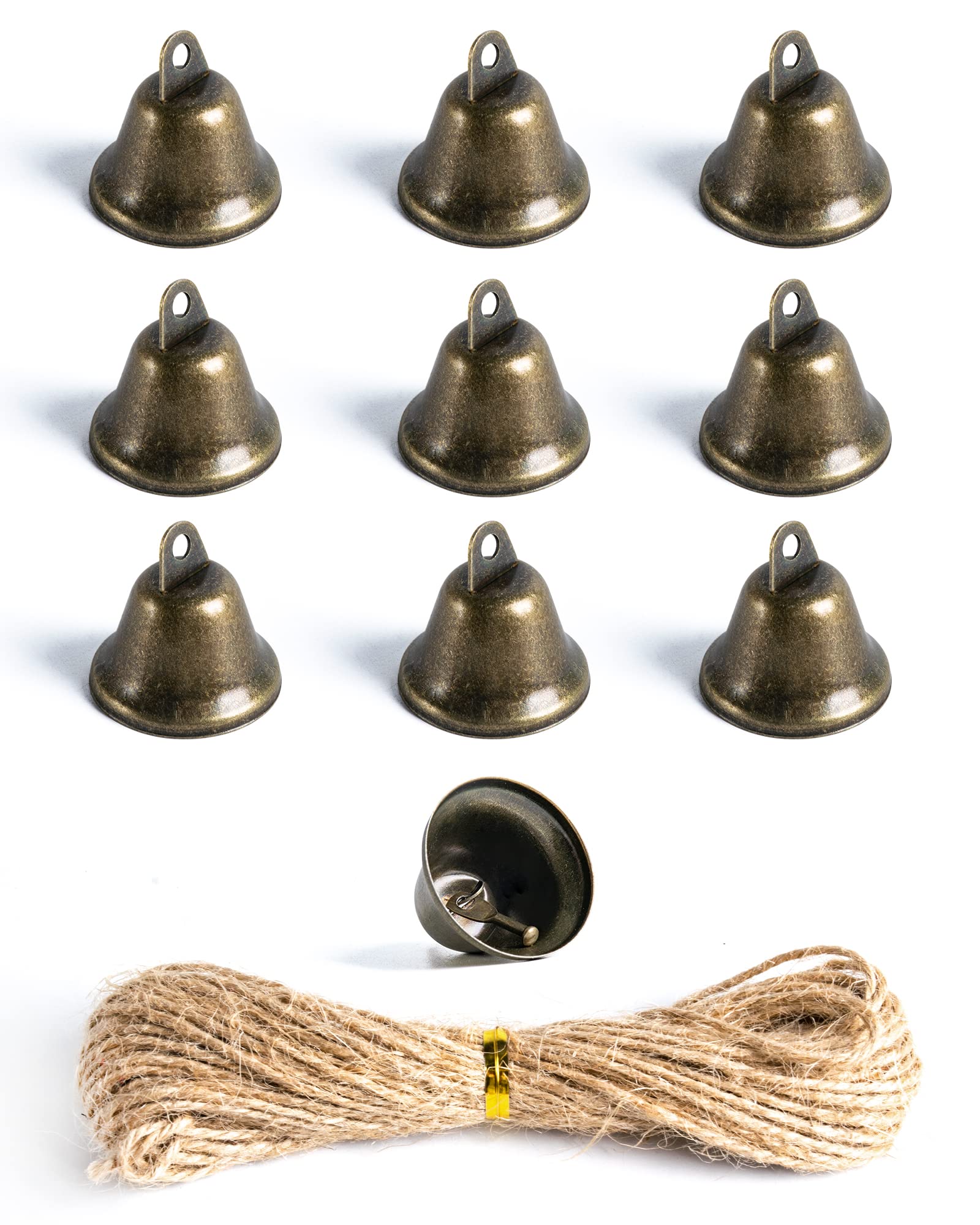 Small snail 10 PCS Vintage Bronze Jingle Bells Mini Hanging Craft Bell with 10m Jute Twine for DIY Decorations, Christmas Tree Ornaments, Sewing, Housebreaking