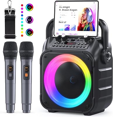 Ankuka Karaoke 2 microfones sem fio alto-falante profissional de karaokê com microfone para com sistema PA, suporta Bluetooth / TV / TF / USB / AUX / FM / TWS (Preto)