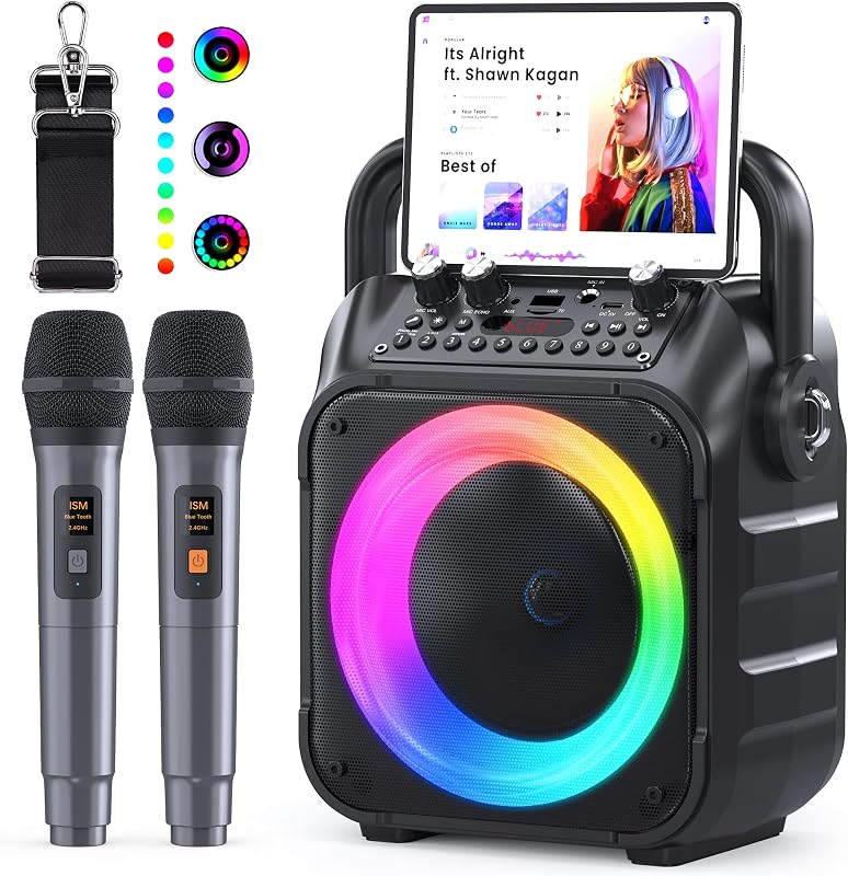 Ankuka Karaoke 2 microfones sem fio alto-falante profissional de karaokê com microfone para com sistema PA, suporta Bluetooth / TV / TF / USB / AUX / FM / TWS (Preto)