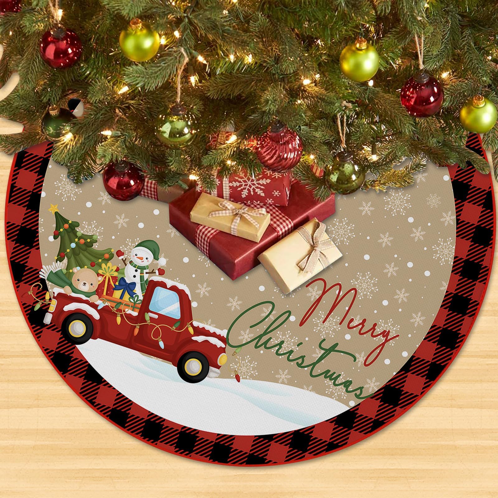 Red Truck Rustic Vintage Christmas Tree Skirt with Santa Claus - Buffalo Plaid Edge, Snowman & Santa Claus Design - 120cm
