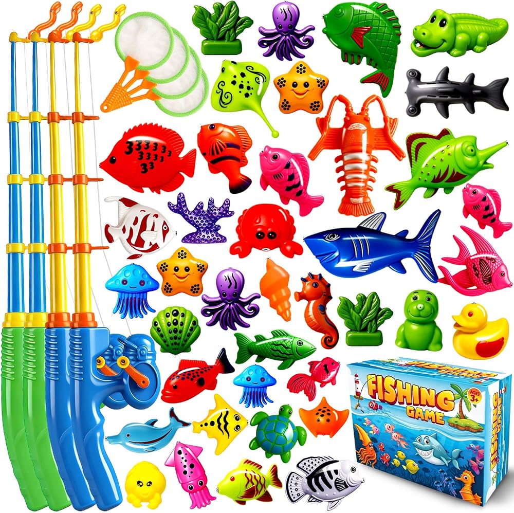 CozyBomB Magnetic Fishing Toys Set for Bath Time Pool Party with Poles Net