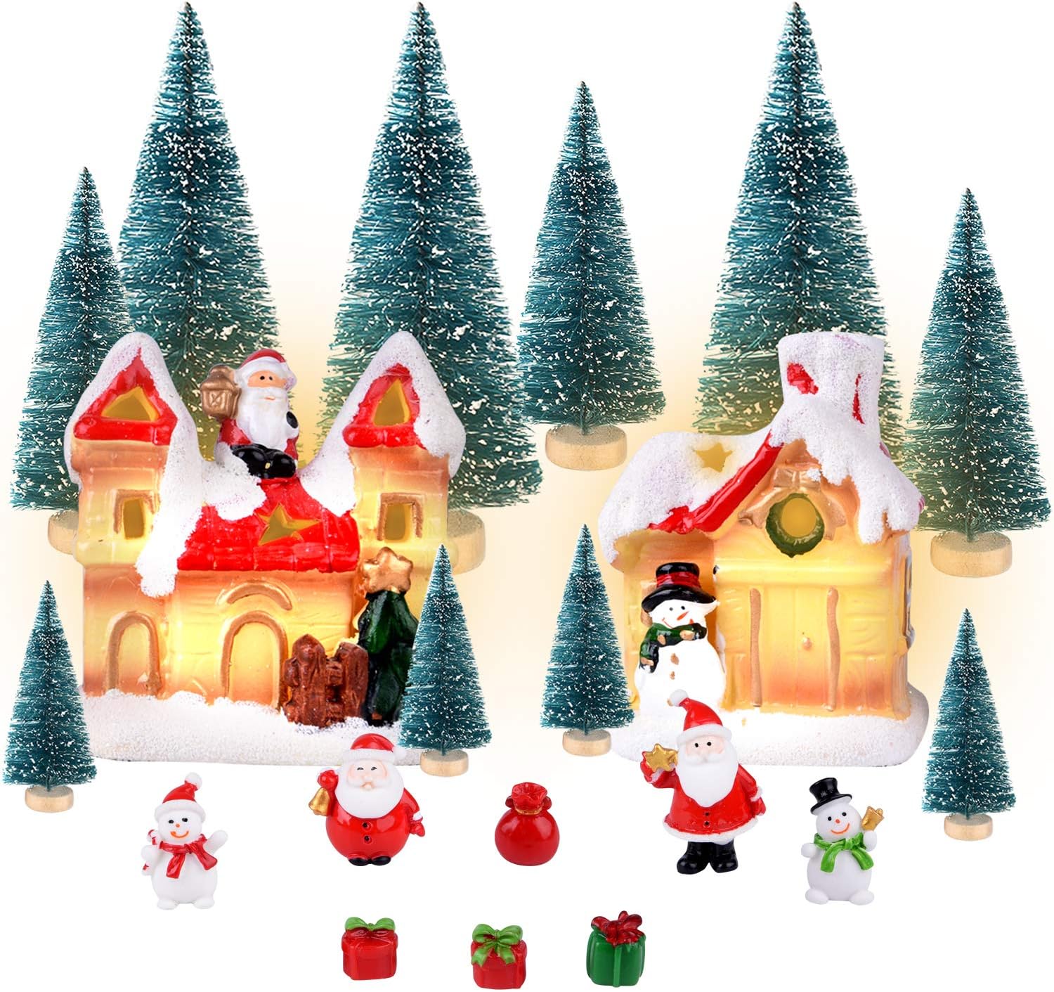 Amazon Com Kuuqa 20pcs Christmas Village Accessories Set Mini Christmas Village Trees Bottle Brush Trees With Resin Christmas Village Houses Santa Claus Snowman For Christmas House Decoration Home Kitchen