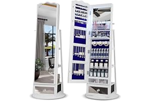 Lvifur 360° Rotating Jewelry Armoire w/Full Length Mirror, Large Capacity Jewelry Organizer Armoire w/Lights, Lockable Floor Standing Mirror with Back Storage Shelves for Bedroom, Cloakroom (White)