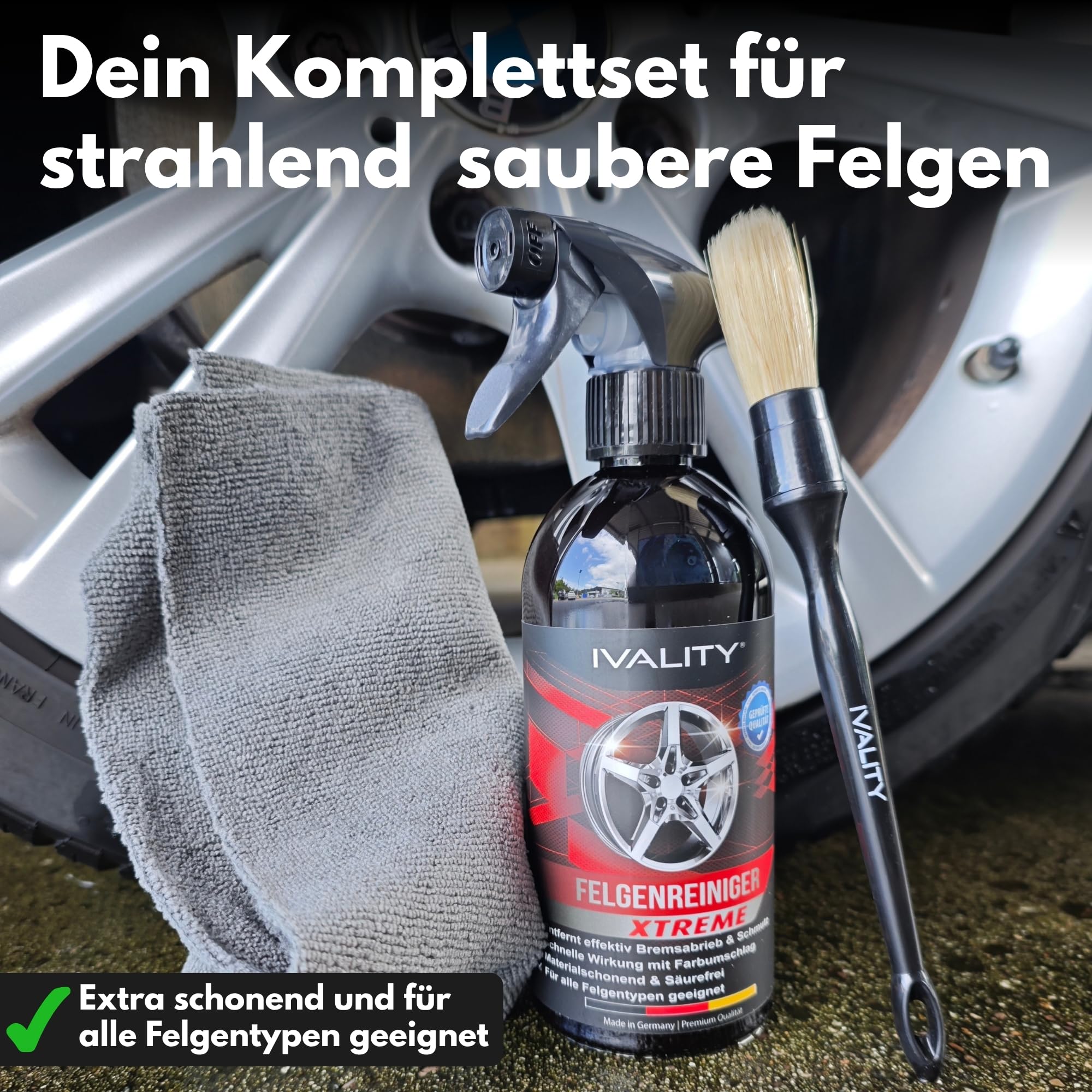 Ivality® Premium Felgenreiniger Set - Mit Wirkindikator & schonend - Felgen Reiniger Auto, Rim Cleaner, Alufelgen Reiniger, Wheel Cleaner, Alu Felgen Reinigung, Detailing Pinsel + 2 Mikrofasertücher 2