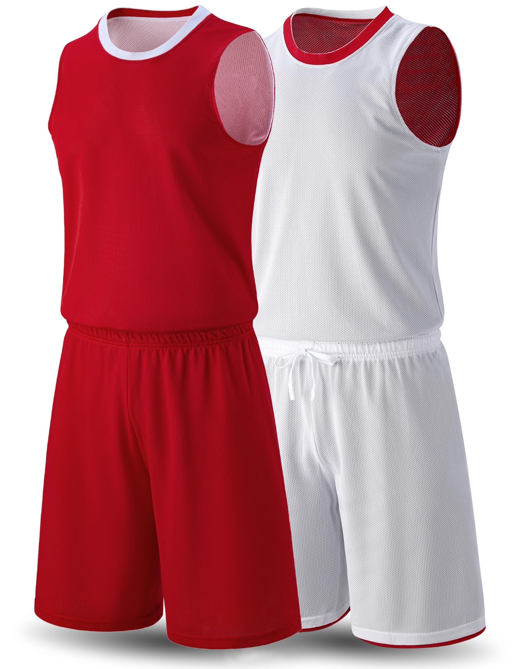 Photo 1 of 1 Set of Men's Reversible Basketball Jersey and Shorts, Double-Sided Custom Athletic Uniforms for Team Sports Practice (Red/White, Large)