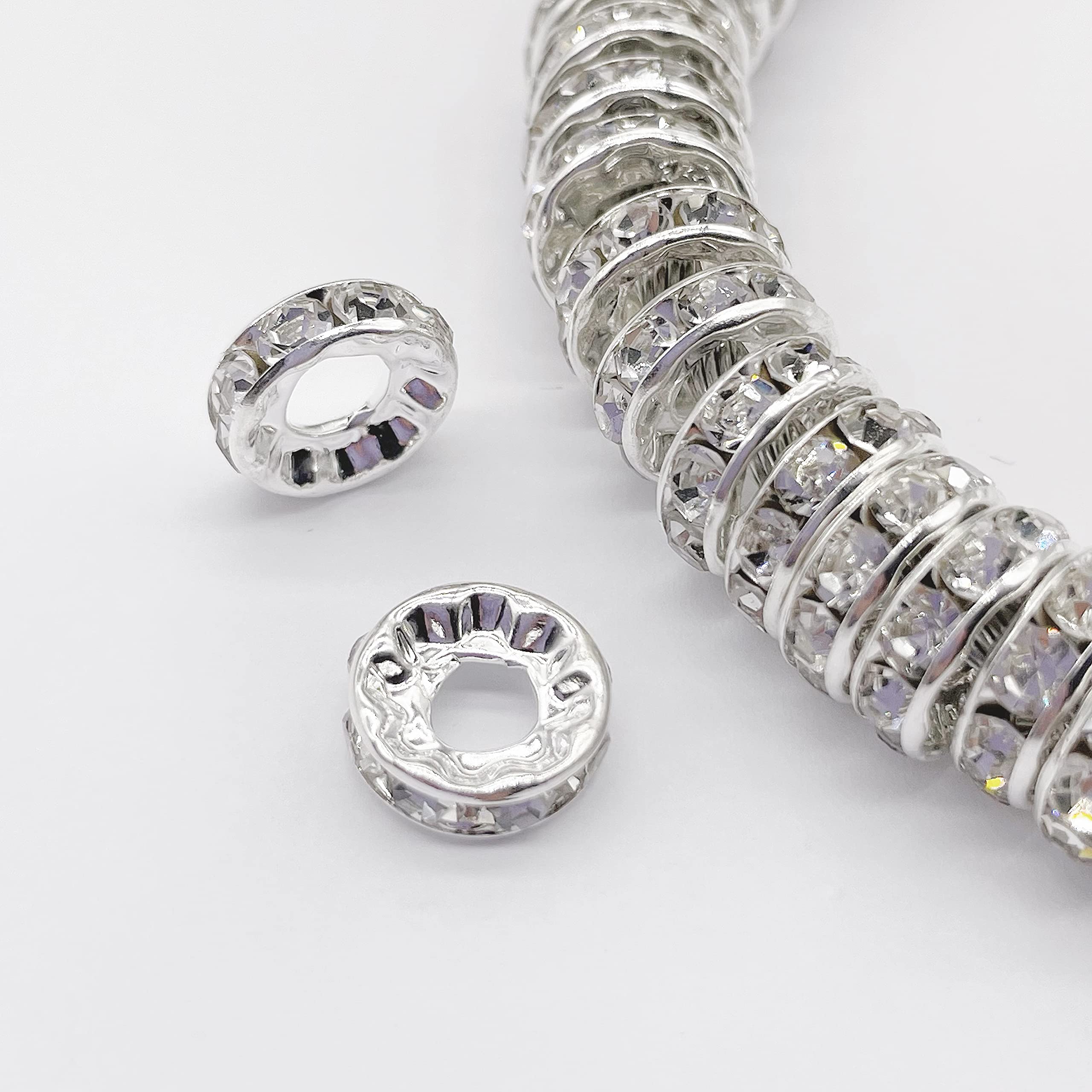 Photo 1 of 200 PCS Large Hole (4.5MM) Beads for Jewelry Making - 10MM Silver Plated Rhinestone Crystal Beads Fit European Bracelets and Snake Chain